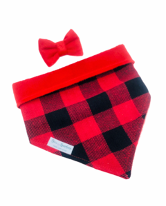 Conjunto bandana inverno xadrez rouge dupla face pelúcia vermelha e laço pelúcia vermelha