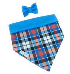 Conjunto bandana inverno xadrez terracota dupla face pelúcia azul e laço pelúcia azul