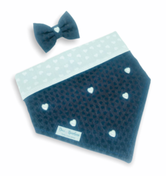 Conjunto bandana corações jeans com apliques corações, corações branco e laço