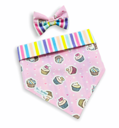 Conjunto bandana rosa cupcake dupla face listrada colorida e laço