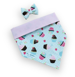 Bandana e laço cupcake xadrez para pet