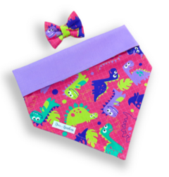 Bandana e laço dinossauros dupla face lilás para pet