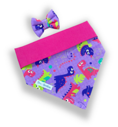Bandana e laço dinossauros dupla face rosa para pet