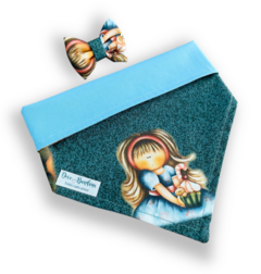 Bandana e laço doce bonequinha dupla face azul para pet