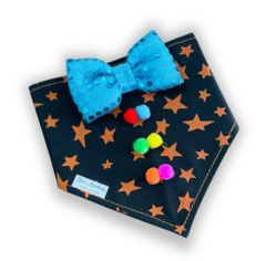 Bandana estrelinhas laranja gravatinha azul carnaval pet