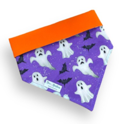 Bandana Halloween fantasmas e morcegos dupla face laranja para pet
