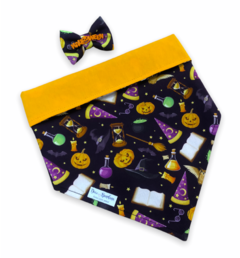 Conjunto bandana Halloween Feitiçaria dupla face laranja e laço