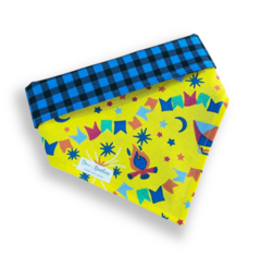 Bandana festa junina amarela dupla face xadrez azul para pet