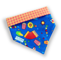 Bandana festa junina azul dupla face xadrez laranja para pet