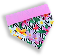 Bandana flores geométrico dupla face rosa para pet