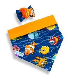 Bandana e laço fundo do mar ondas dupla face laranja para pet