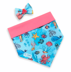 Conjunto bandana fundo do mar dupla face rosa e laço