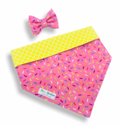 Conjunto bandana granulado rosa dupla face casquinha e laço