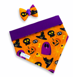 Conjunto bandana Halloween Fantasmagórico laranja dupla face roxo e laço