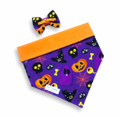 Conjunto bandana Halloween Fantasmagórico roxo dupla face laranja e laço