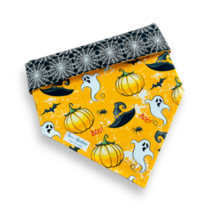 Bandana Halloween fantasminha boo dupla face teia preta para pet