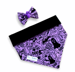 Conjunto bandana Halloween Lilás dupla face preta e laço
