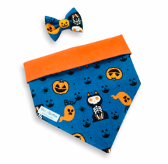 Conjunto bandana Halloween Pet dupla face laranja e laço