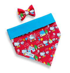 Bandana e laço Hello Kitty house dupla face azul para pet