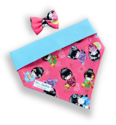 Bandana e laço kokeshi goiaba dupla face azul para pet