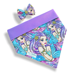 Bandana e laço linda sereia dupla face lilás para pet