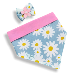 Bandana e laço margaridas dupla face rosa para pet