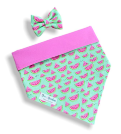 Bandana e laço melancia lovers dupla face rosa para pet