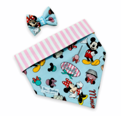 Conjunto bandana Doçura Mickey e Minnie dupla face listrada e laço