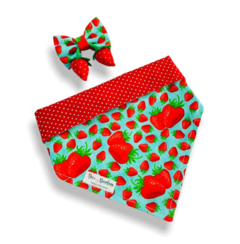 Bandana e laço morangos tiffany dupla face vermelha bolinhas para pet