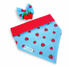 Conjunto bandana morangos dupla face vermelha bolinhas e laço morangos
