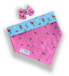Bandana e laço moranguinhos rosa e azul para pet