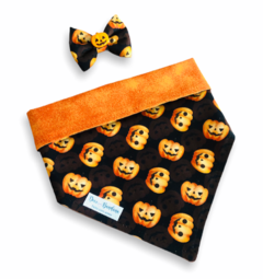 Conjunto bandana Halloween Noite das Abóboras dupla face laranja e laço