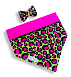 Bandana e laço oncinha pink neon dupla face rosa para pet
