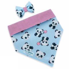 Conjunto bandana panda dupla face bolinhas e laço