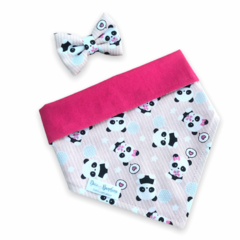 Conjunto bandana panda corações dupla face pink e laço