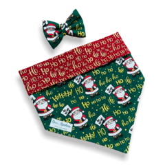 Bandana e laço Papai Noel Ho ho ho verde para pet