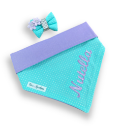 Bandana e laço bolinhas tiffany com nome do pet dupla face lilás - comprar online