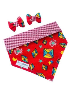 Conjunto bandana junina vermelha balões dupla face xadrez vermelho e par de lacinhos