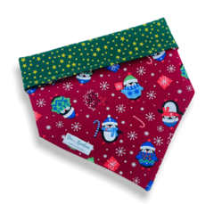 Bandana Pinguins de Natal dupla face estrelinhas verde para pet