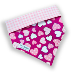 Bandana pink corações dupla face xadrez rosa para pet