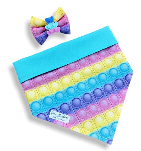 Bandana e laço Pop it Candy Colors dupla face tiffany para pet