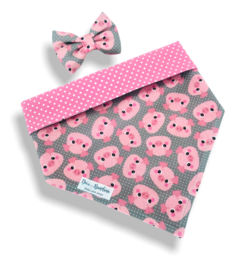 Bandana e laço porquinhas dupla face rosa para pet