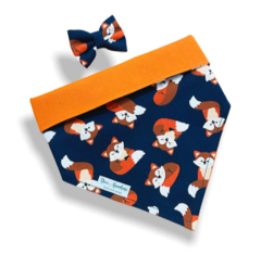 Bandana e laço raposinha soninho marinho dupla face laranja para pet