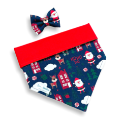 Bandana e laço Rena do Papai Noel dupla face vermelha para pet