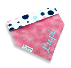 Bandana rosa com nome do pet dupla face bolinhas para pet