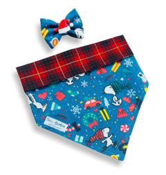 Bandana e laço Natal Snoopy dupla face xadrez para pet