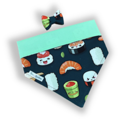 Bandana e laço sushi rostinhos dupla face verde para pet