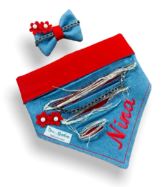 Conjunto bandana Trend jeans azul com vermelho personalizada com nome do pet e laço - comprar online