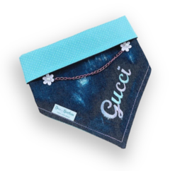Bandana Trend jeans escuro com tiffany bolinhas personalizada com nome do pet