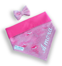 Bandana e laço Trend jeans rosa personalizada com nome do pet